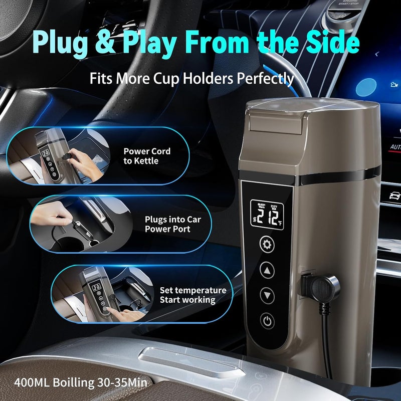 FVPE Car Electric Kettle for Travel : 12V/24V Small Electric Water Kettle, Multi-Temp Control 400 mL Portable Car Water Boiler for Brewing Coffee Tea,LCD Display 304 Stainless Steel Truck Heating Cup - Image 3